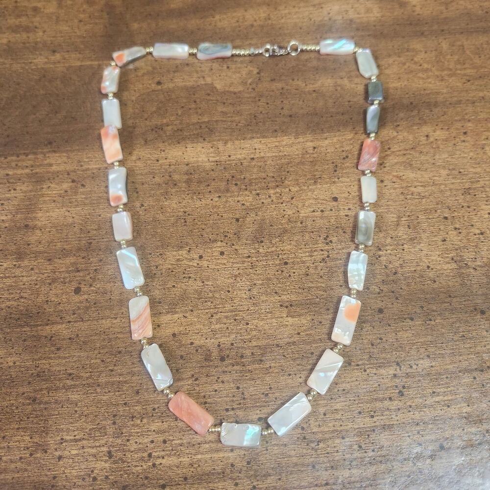 Mother of Pearl Abalone Shell Rectangle Bead Necklace Peach Gold Tone 24 Coastal